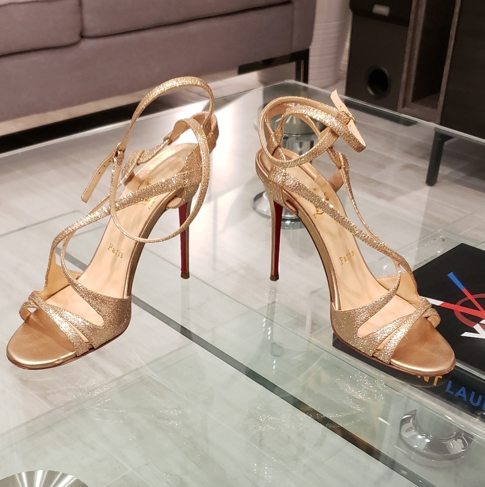 EUC- Christian Louboutin Gold Strappy Heels